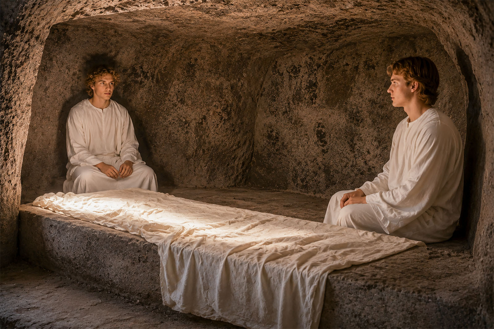 Two angels sit inside the tomb of Christ